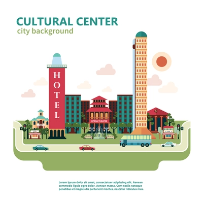 Cultural center city background with theater church and stores vector illustration