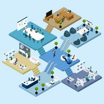 Isometric icons of multistoried office center with abstract scheme of floors rooms and activities vector illustration