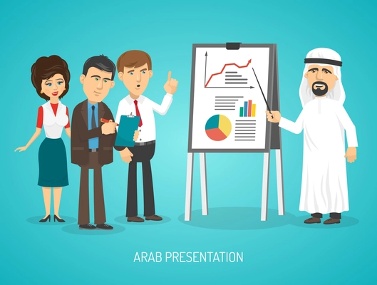 Arab in traditional arabic clothing doing presentation with flip chart to european people cartoon poster vector illustration