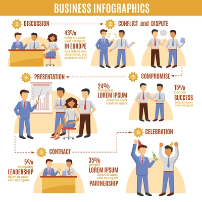 Business infographics set with businessmen discussion presentation and leadership icons vector illustration