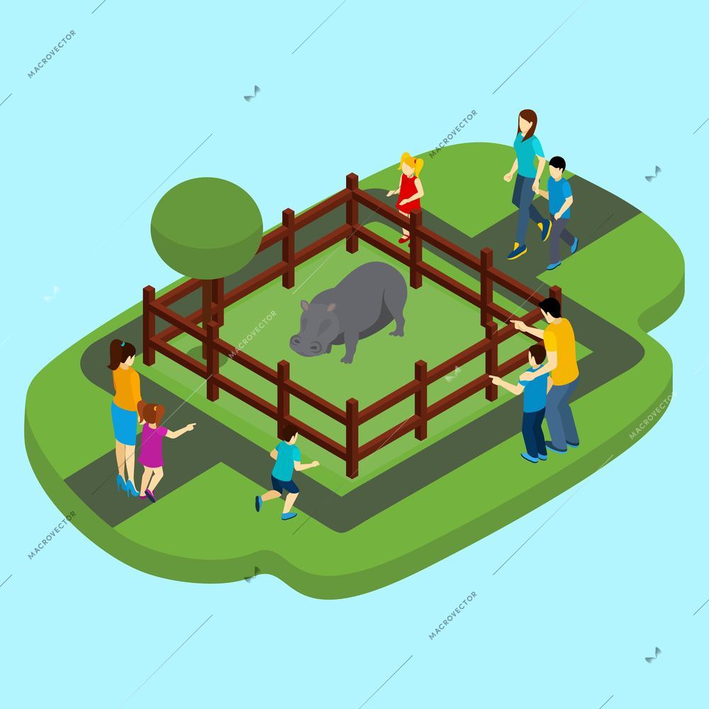 Hippo and zoo with fence and people on blue background isometric vector illustration