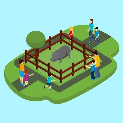 Hippo and zoo with fence and people on blue background isometric vector illustration