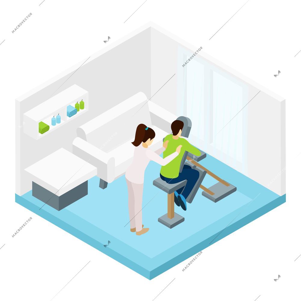 Shoulders massage with special equipment in the room isometric vector illustration