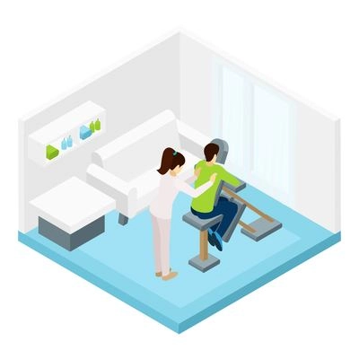 Shoulders massage with special equipment in the room isometric vector illustration