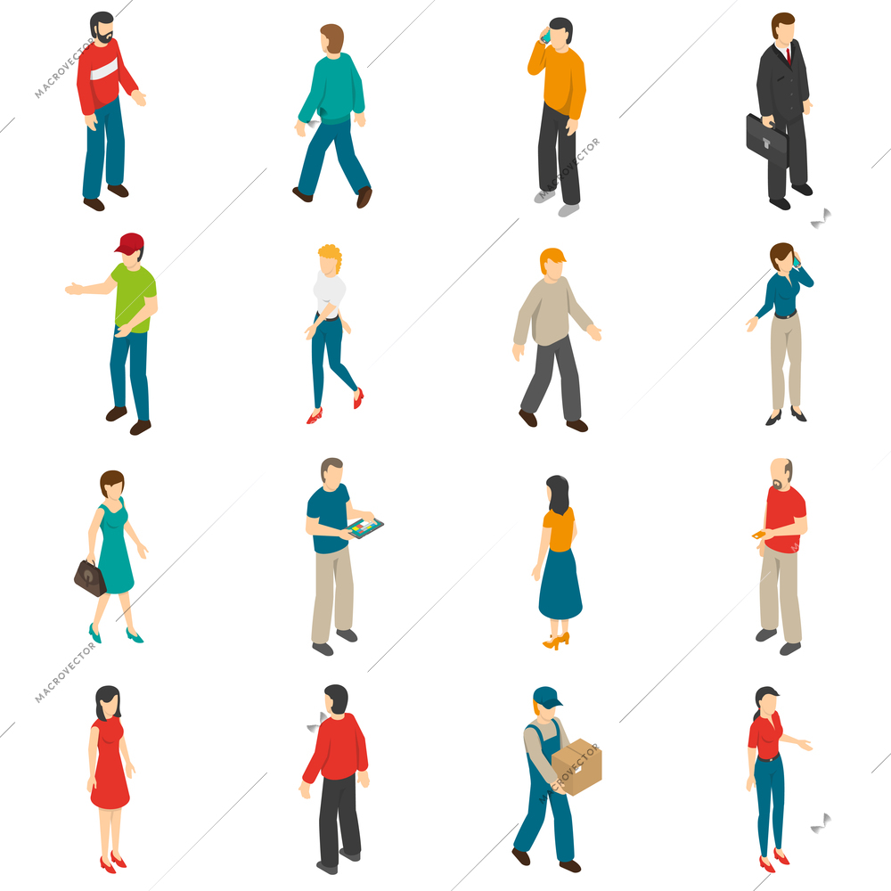 Isometric icons set of different people diverse by job education level sex clothes hairs isolated vector illustration