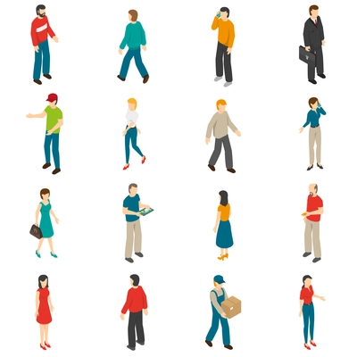 Isometric icons set of different people diverse by job education level sex clothes hairs isolated vector illustration