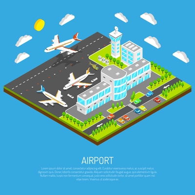 Poster of square platform airport including terminal control tower airfield and airplanes on blue background isometric vector illustration