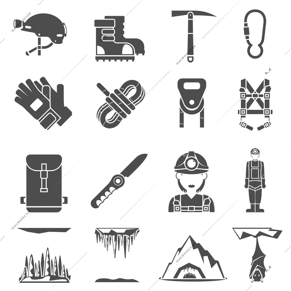 Speleologist caves exploration equipment black icons set with light harness fastener and lock abstract isolated  vector illustration