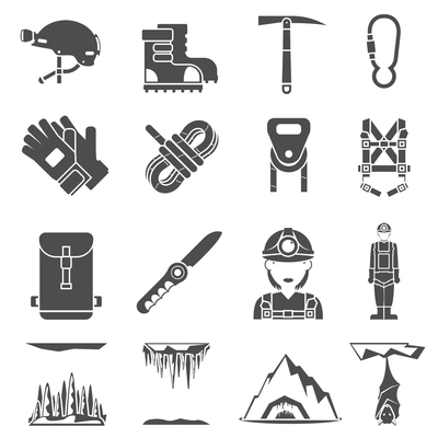 Speleologist caves exploration equipment black icons set with light harness fastener and lock abstract isolated  vector illustration