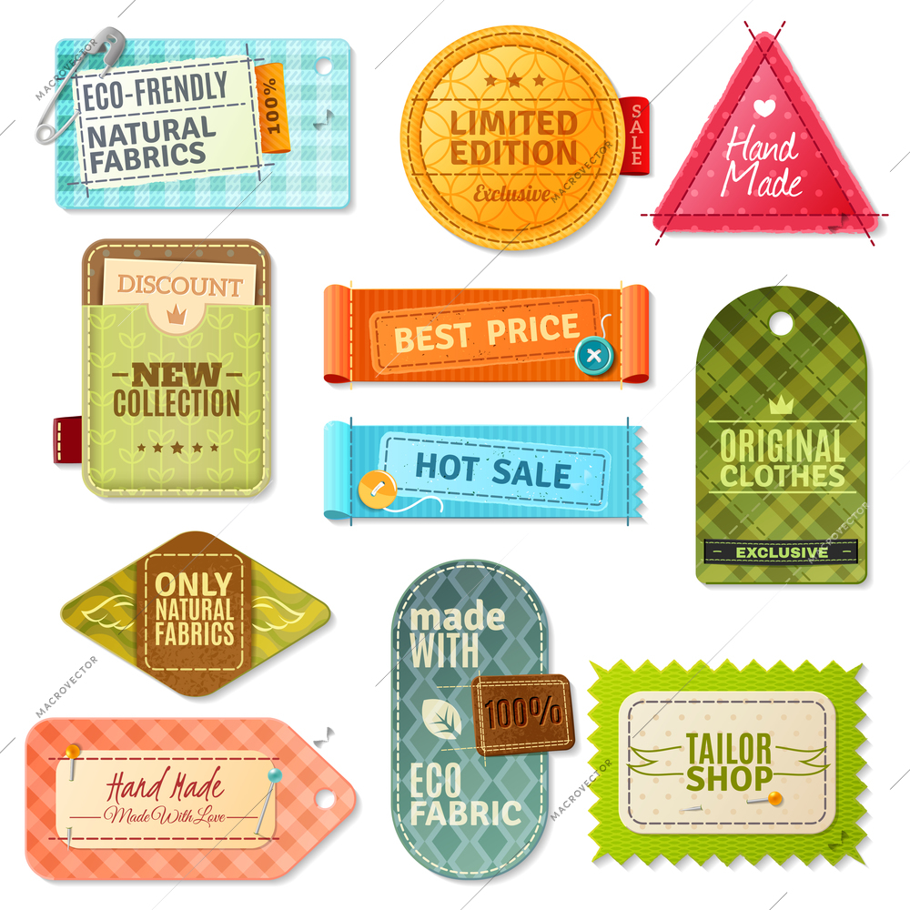 Colorful handmade fabric label set isolated in different shapes and styles vector illustration