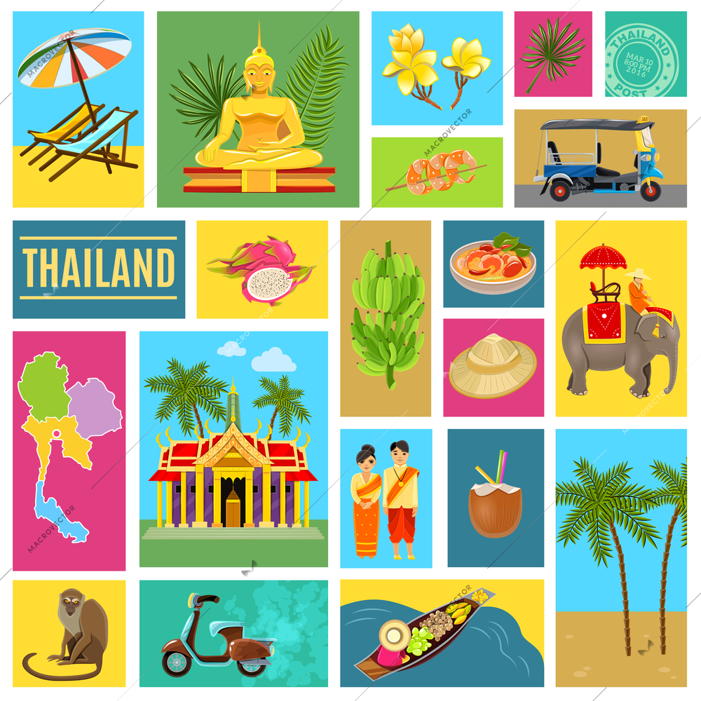 Thailand poster consisting of individual icons with images of main distinguishing features of the country vector illustration