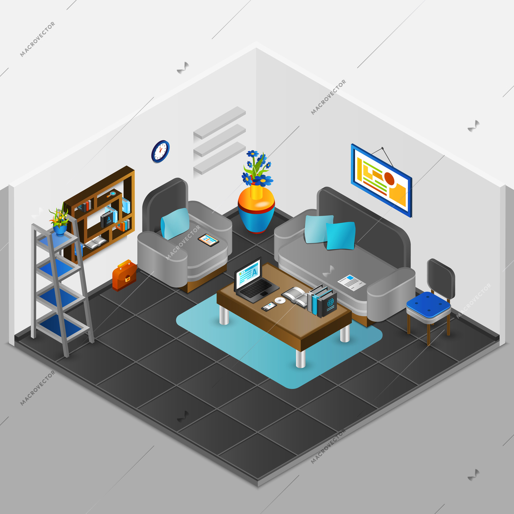 Room interior design with table sofa and armchair isometric vector illustration