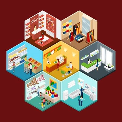 Shopping mall hexagonal honeycomb isometric pattern composition with toys clothing and grocery department stores abstract vector illustration