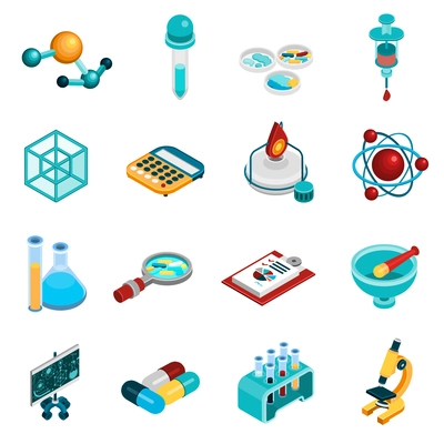 Science isometric icons set with chemistry and pharmaceutics symbols isolated vector illustration