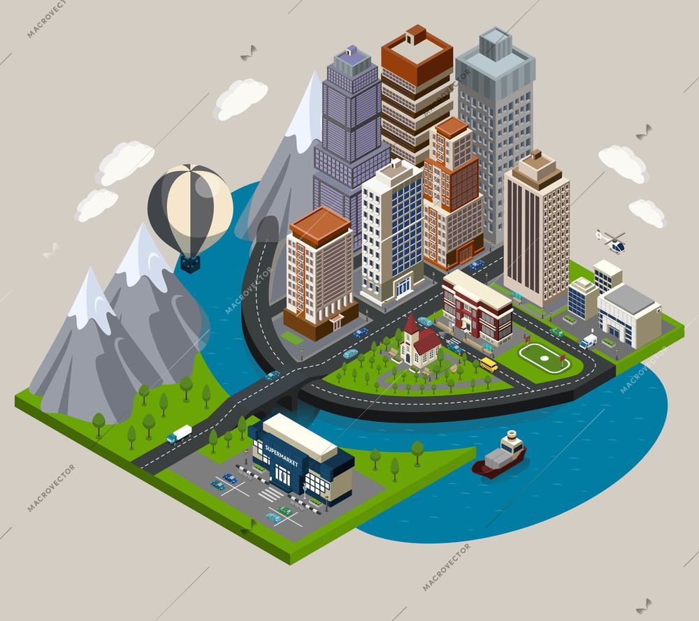 Isometric city concept with street skyscrapers and common elements of modern town vector illustration