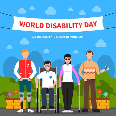 World disability day for solidarity and support flat poster design with handicapped people abstract vector illustration