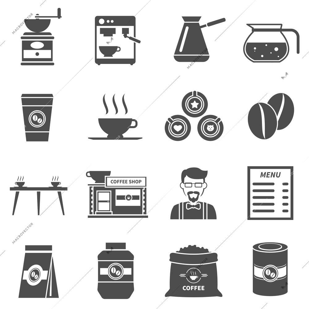 Coffee shop or cafe bar black icons set with menu and cappuccino cups abstract isolated illustration vector