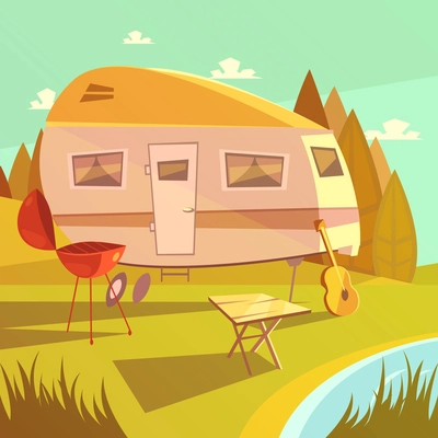 Trailer and camping cartoon background with barbecue table and guitar vector illustration