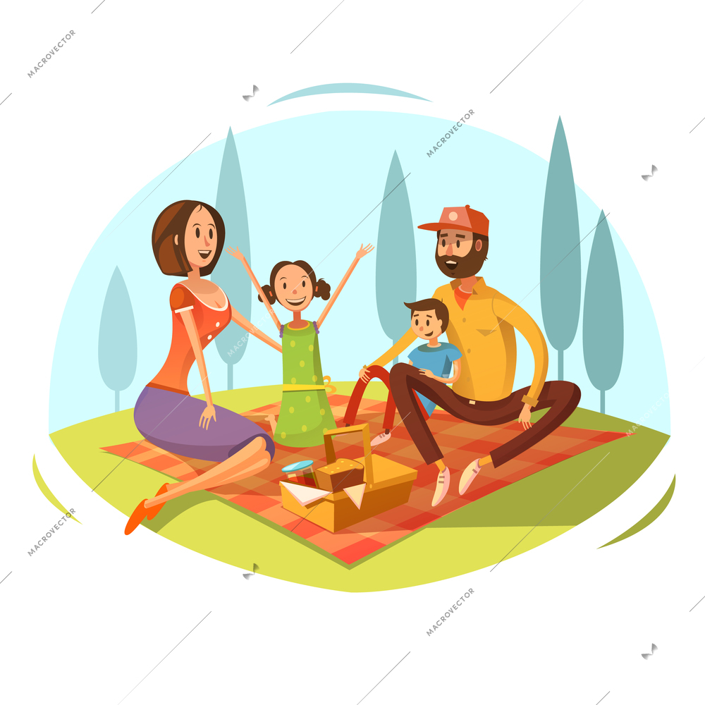 Family having picnic on the grass concept with bread and jam cartoon vector illustration