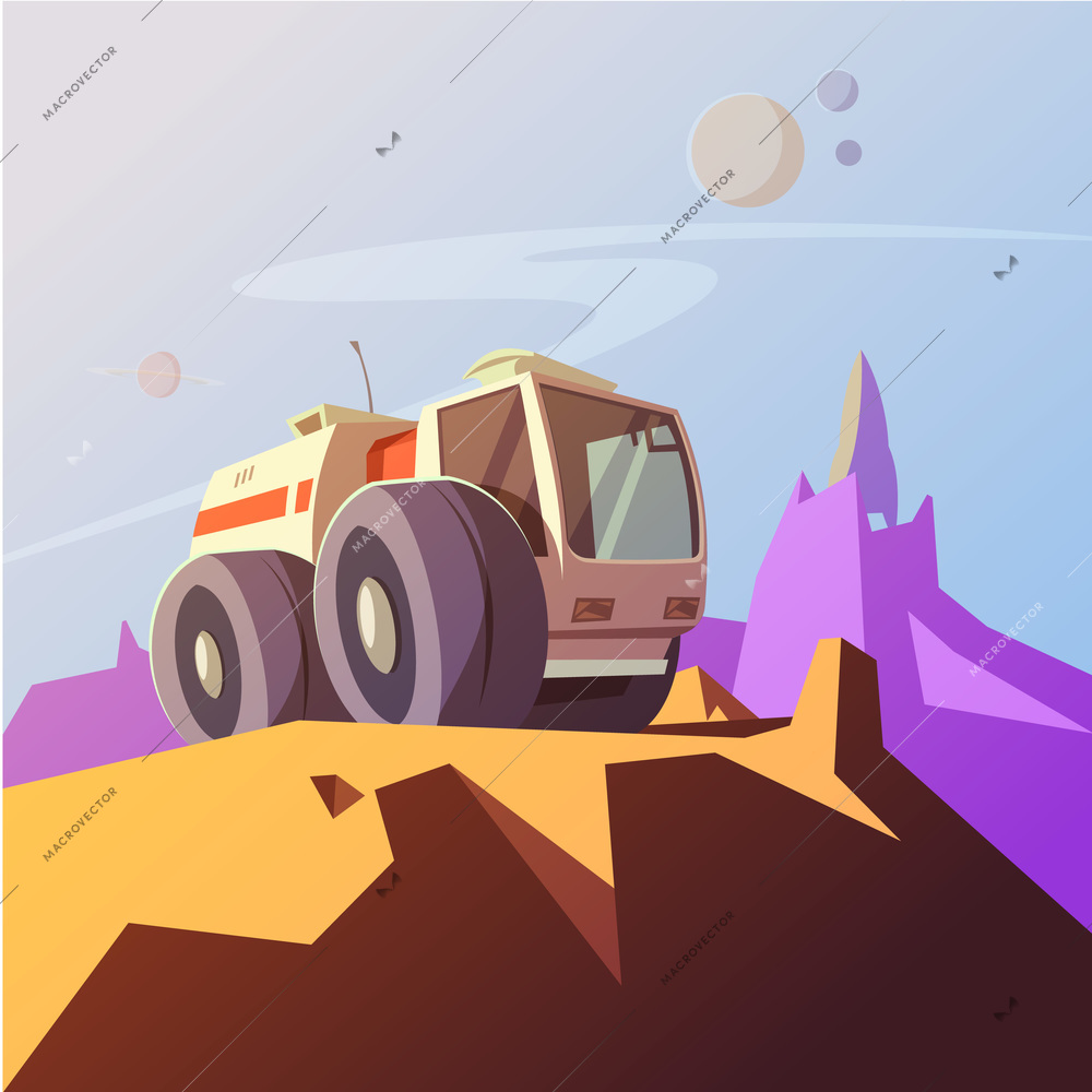 Research vehicle cartoon background with planet exploration symbols vector illustration