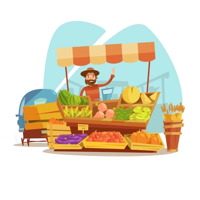 Market cartoon concept with farmer selling vegetables and fruit vector illustration