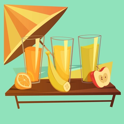 healthy drinks cartoon concept with banana orange and apple juice on green background vector illustration