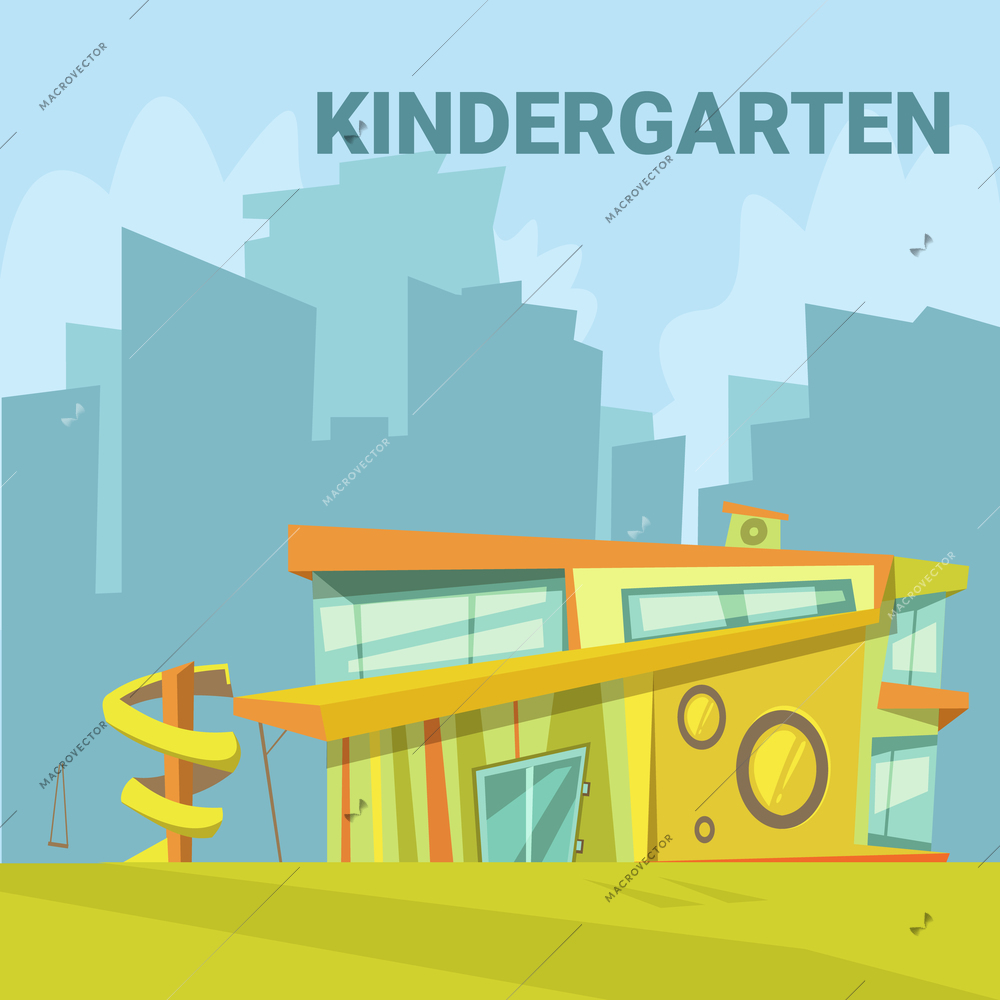 Kindergarten modern building background in a city with a slide for children cartoon vector illustration