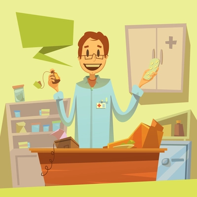 Pharmacy salesman background with different types of medicines cartoon vector illustration