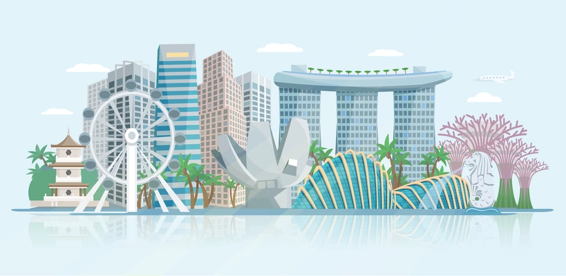 Singapore skyline panoramic view with modern central business district skyscrapers and historical temple building abstract vector illustration