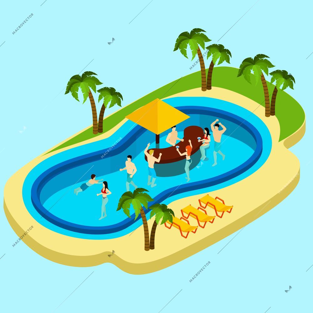 Water park and friends with water bar on blue background isometric vector illustration