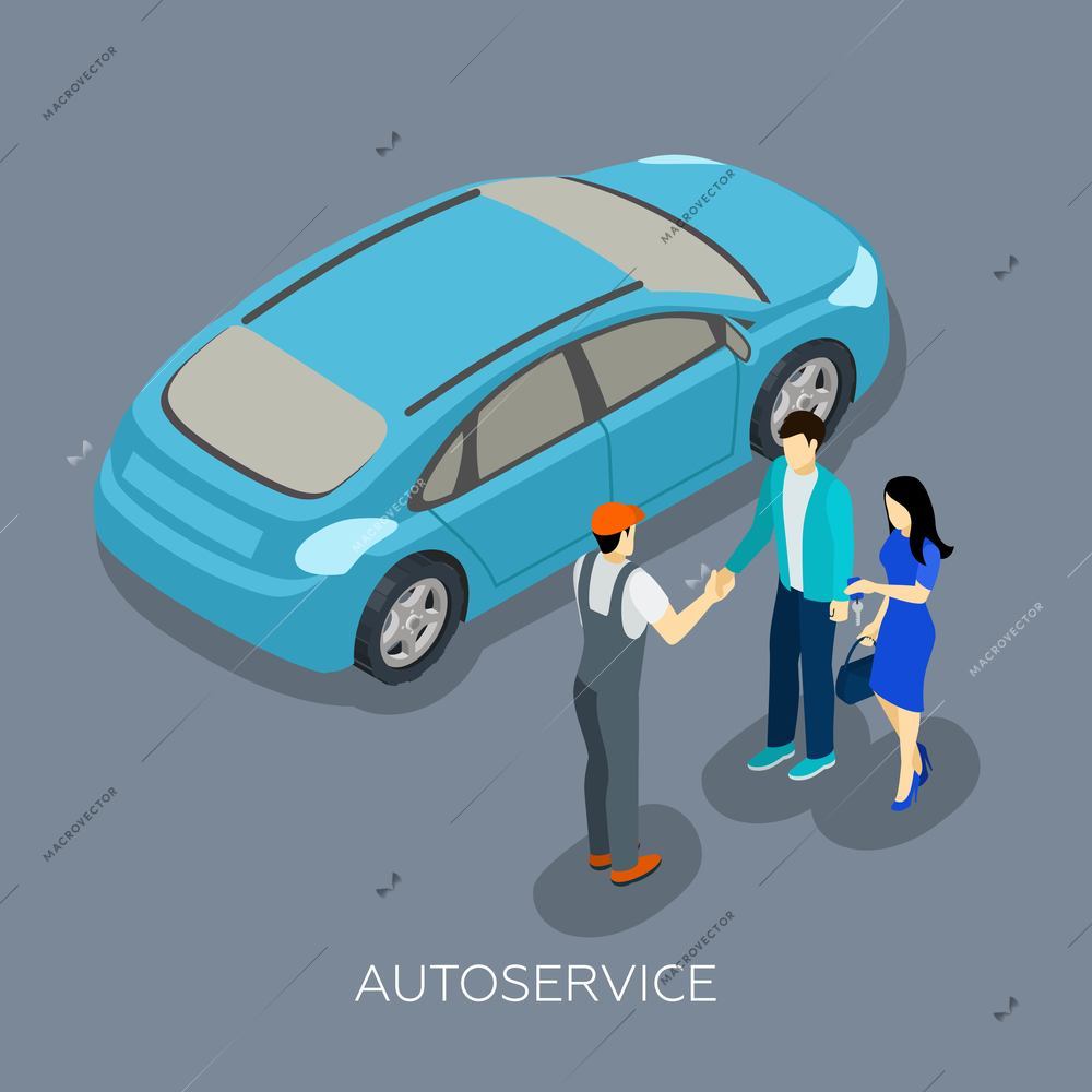 Auto repair service mechanic with customers and fixed car isometric figures composition design abstract vector illustration