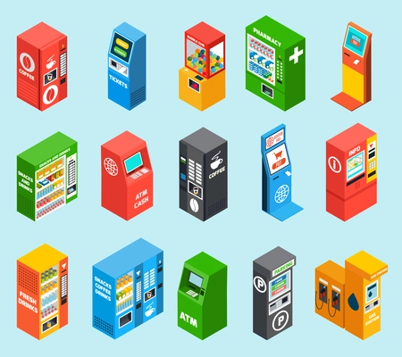 Vending dispensing machines selling gasoline alcohol tickets drinks and snacks colorful isometric icons collection isolated vector illustration