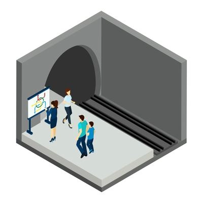 People waiting for underground  train with map and station isometric vector illustration