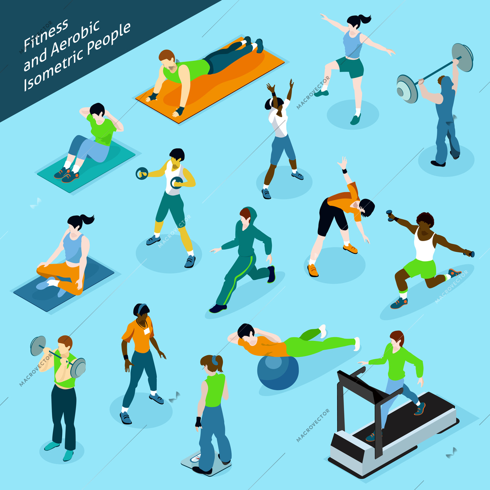 Fitness aerobic isometric people icon set with people at the gym isolated shadowed vector illustration