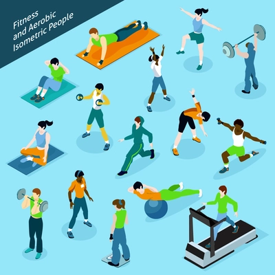 Fitness aerobic isometric people icon set with people at the gym isolated shadowed vector illustration