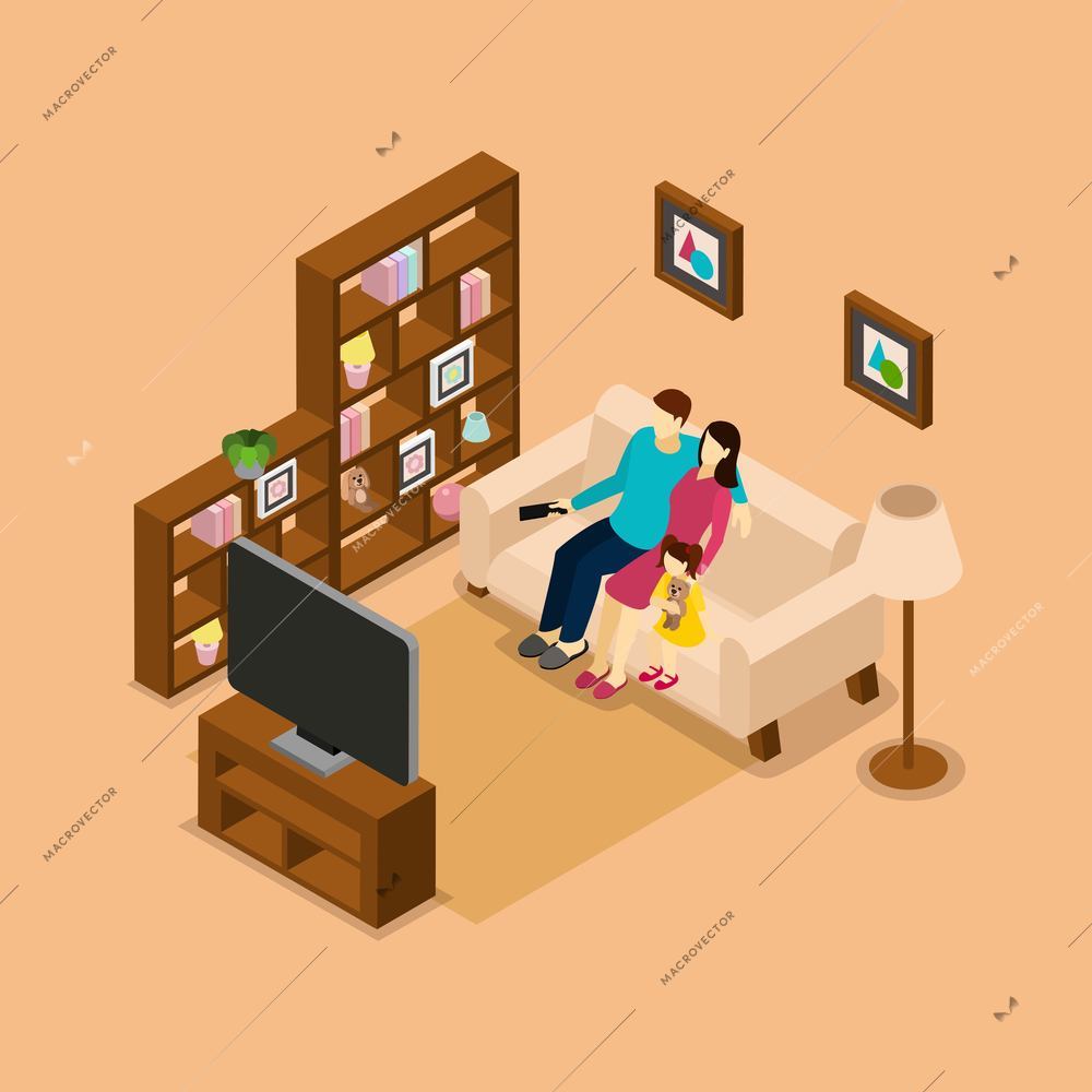 Family home on the sofa watching tv isometric picture print with husband wife and child vector illustration