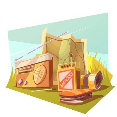 Hiking cartoon concept set with map matches radio and knife vector illustration