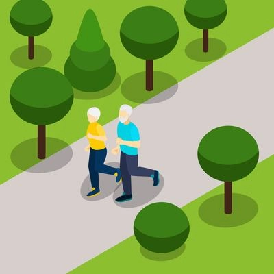 Active retirement lifestyle isometric banner with elderly couple jogging in the park abstract vector illustration