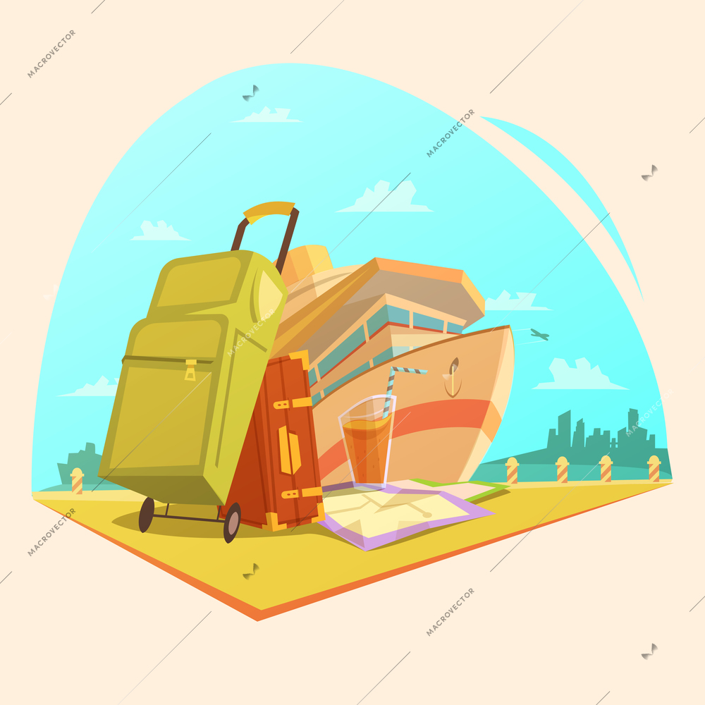 Voyage cartoon concept with cruise ship juice and suitcases vector illustration