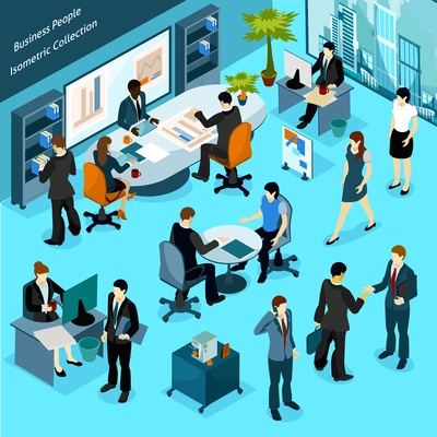 Business people isometric indoor icons collection of office staff busying in workflow meeting discussions and presentation vector illustration