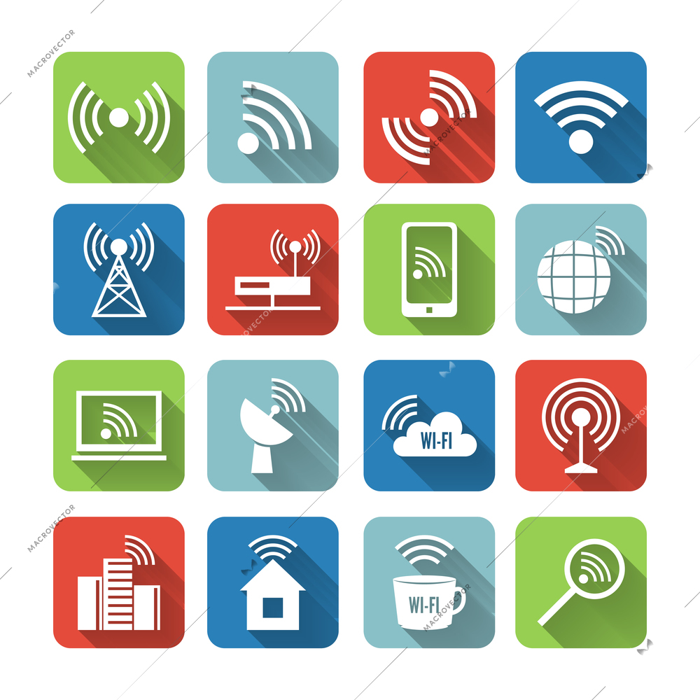 Wireless communication network business flat icons set of global connection wifi signal search and cell tower and isolated vector illustration