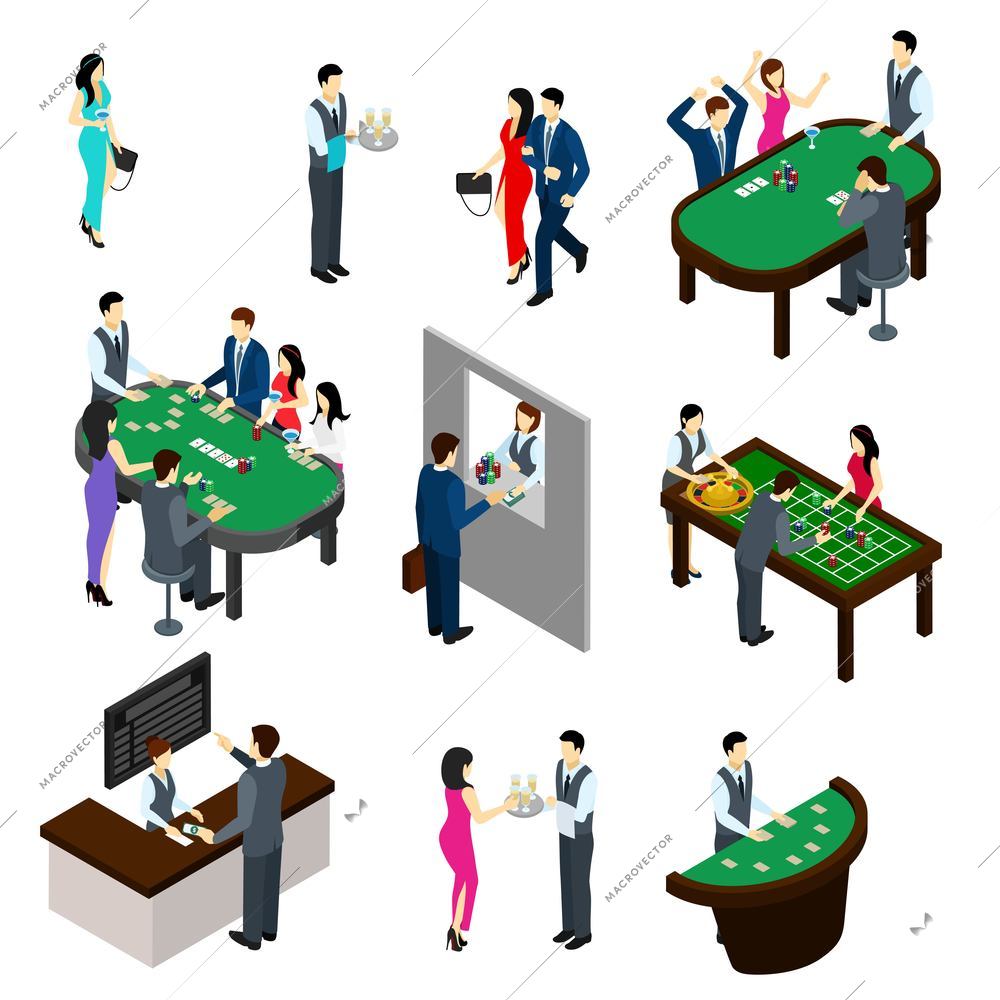 Casino and people isometric set with gambling and bet symbols isolated vector illustration