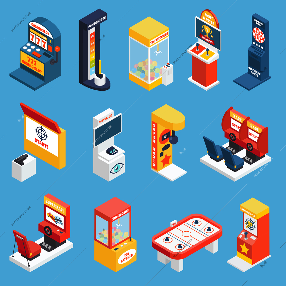 Game machine isometric icons set of slot crane boxing darts karaoke dynamometer machines isolated vector illustration