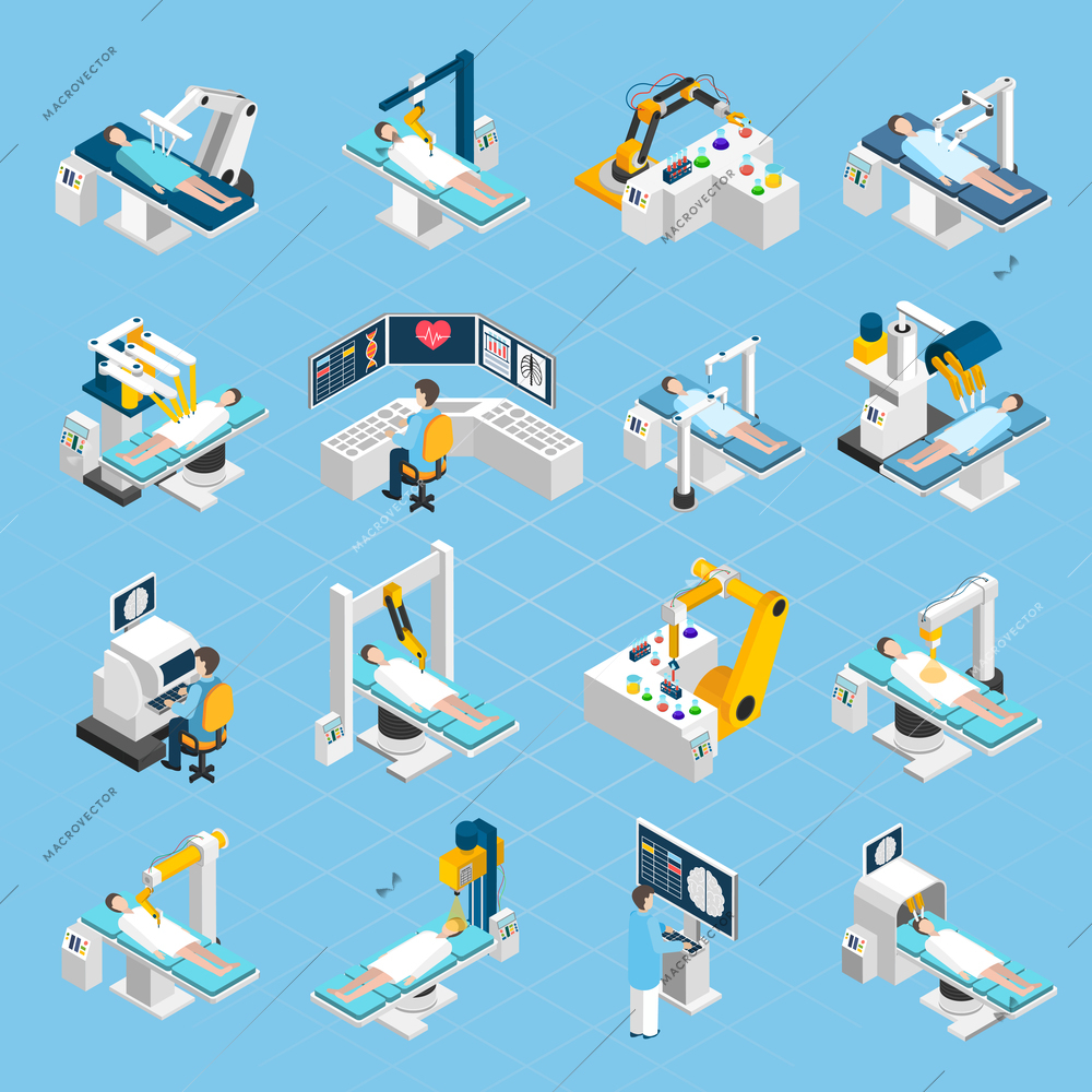 Robotic surgery isometric icons set with  surgeons patients and medical robots with widescreen touch screen and touch control isolated vector illustration