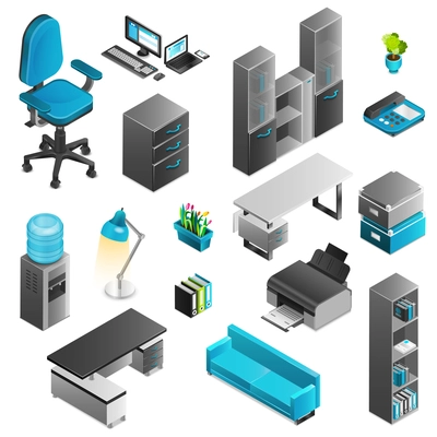Office interior isometric icons set with telephone table and sofa isolated vector illustration