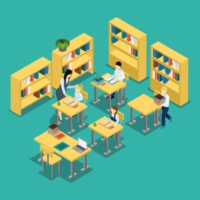 Education isometric banner middle school lesson situation with students and teacher in classroom abstract vector illustration