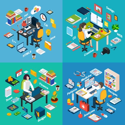 Creative professionals workplaces 4 isometric icons square with computer maintenance programmer web developer abstract vector isolated illustration