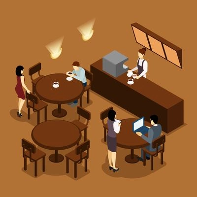 Coffee shop cafe isometric banner in brown tints with barista and waitress serving visitors abstract vector illustration