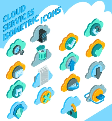 Cloud services isometric icons set with information storage symbols isolated vector illustration