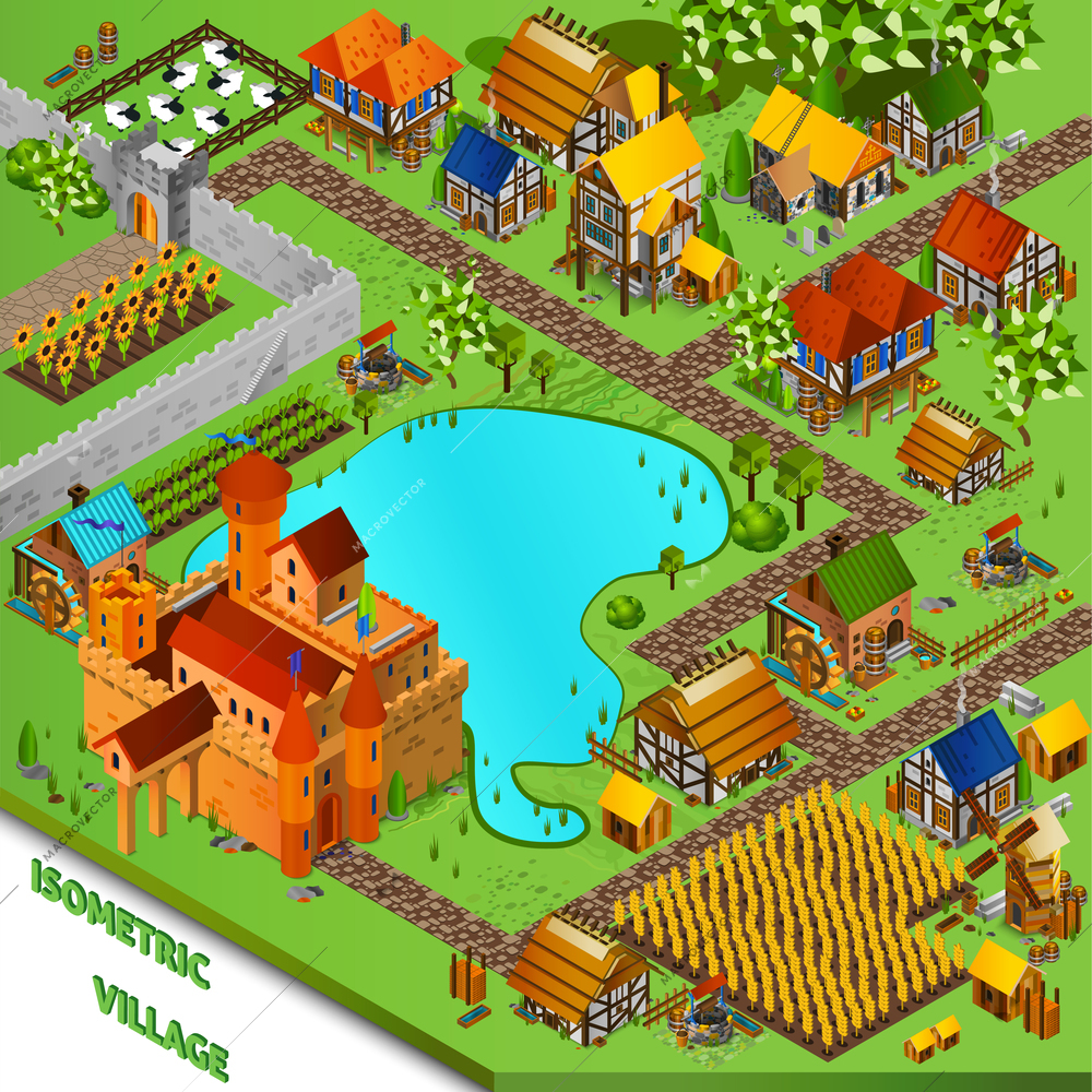 Medieval village with castle houses cattle and fields isometric vector illustration